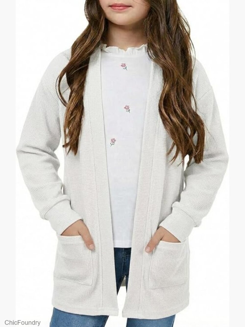 Girls Open Front Cardigan Long Sleeve Casual Knit Sweater with Pockets